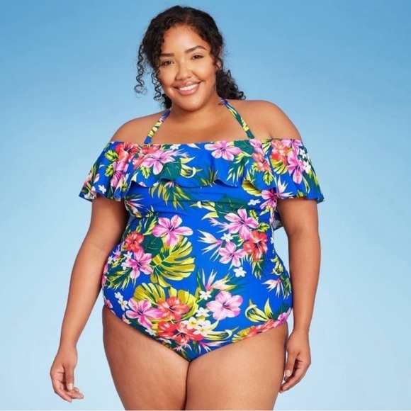 Kona Sol NWT Size 18 Off Shoulder Blue Tropical Ruffle Sleeve One Piece Swimsuit - Picture 1 of 9